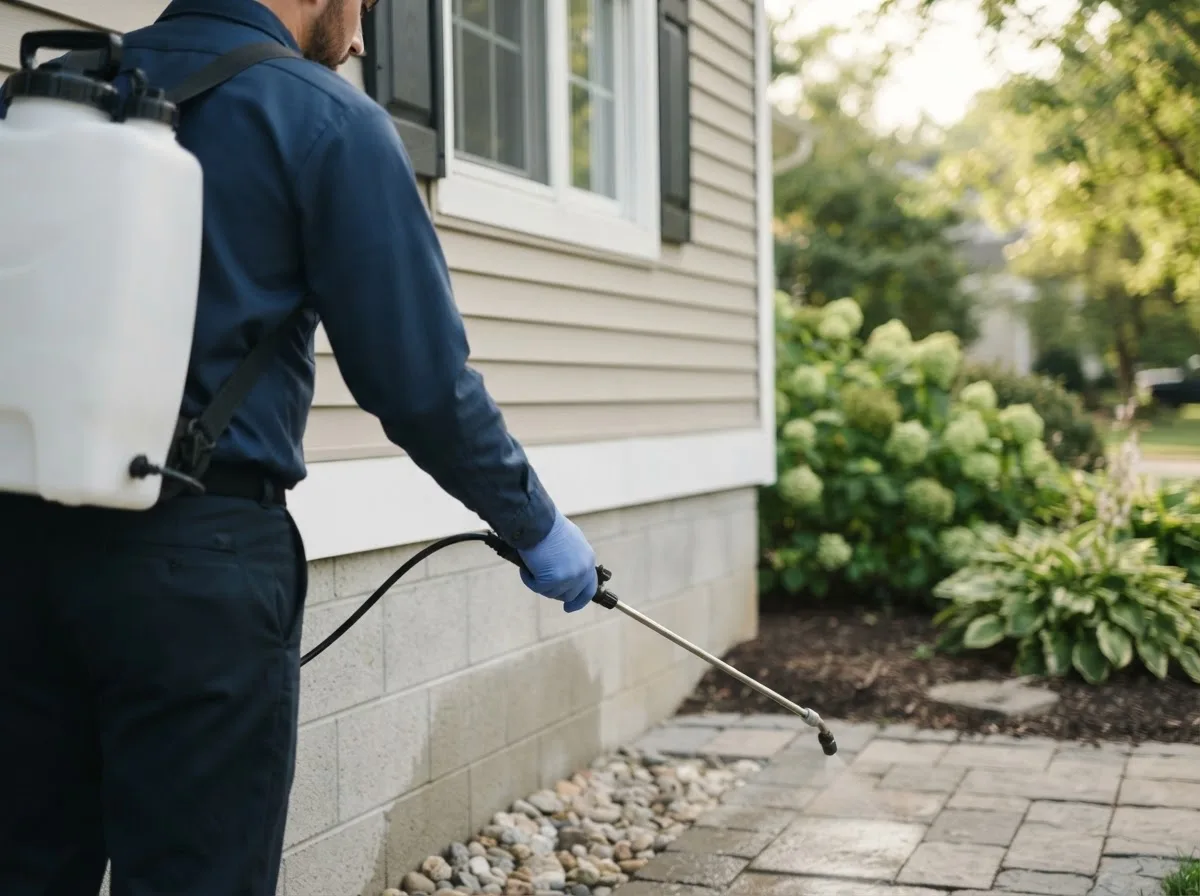 Pest control technician inspecting a home in Witt, IL